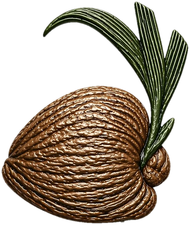 The Kūpay mark: a brown coconut with green shoots sprouting from it.