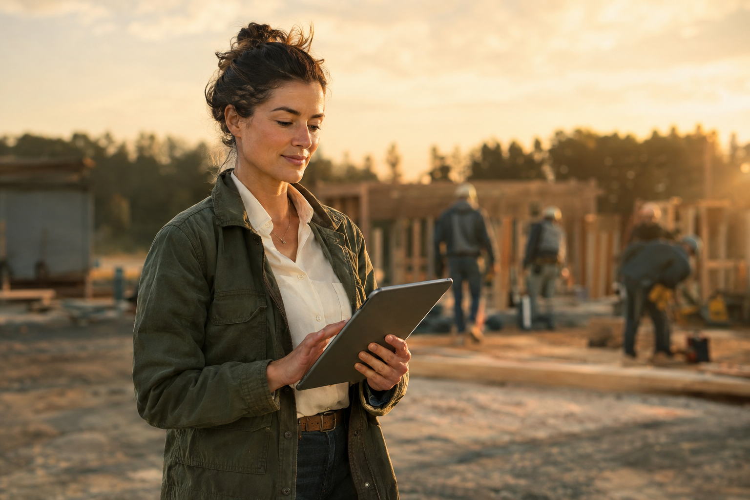 A Kūpay Partner reviewing a tablet while coordinating a crew on a job site